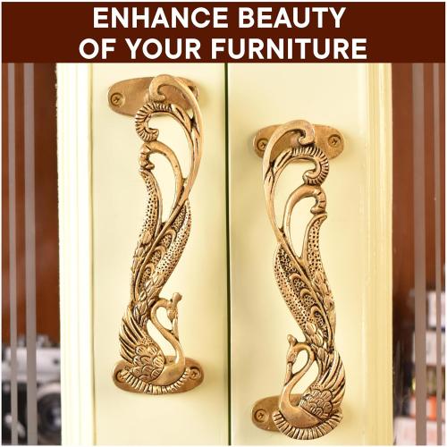 Indian Shelf 1 Pair Peacock Decorative Door Handles Interior Vintage Door Pulls Antique Brass Cabinet Pulls Unique Gold Cabinet Handles- 7.4