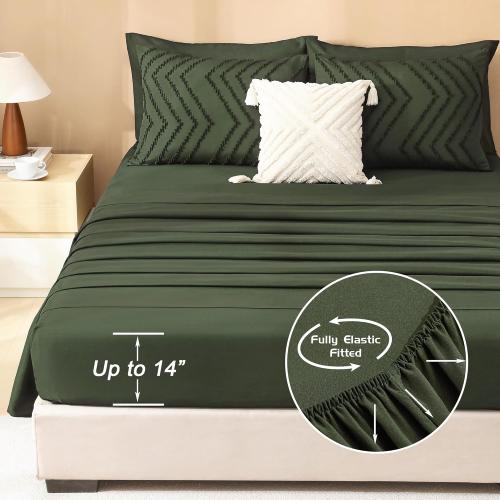 Litanika King Size Comforter Set with Sheets Dark Olive Green - 7 Pieces Bed in a Bag King Chevron Tufted Complete Bedding Sets with Comforter, Sheets, Pillowcases & Shams