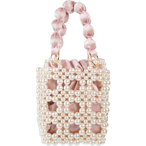 COLOR GREEN YUSHINY Women Faux Pearl Beaded Pleuche Handle Bag Hollow Evening HandBag with Velvet Lining for Wedding Party