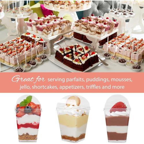 Zezzxu 50 Pack 5 oz Dessert Cups with Dome Lids and Spoons, Plastic Pudding Cups with Lids Mini Parfait Shooter Cups for Party Individual Banana Pudding Jello Yogurt Fruit Trifle