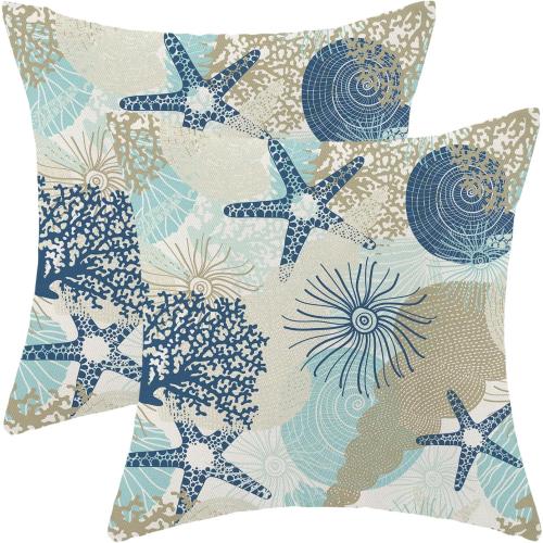 CXMEIFLY Coastal Pillow Covers 16x16 Inch Set of 2 Starfish Ocean Themed Beach Decor Throw Pillows Turquoise Navy Blue Beachy Nautical Summer Outdoor Decorative Cushion Cases for Couch Decorations