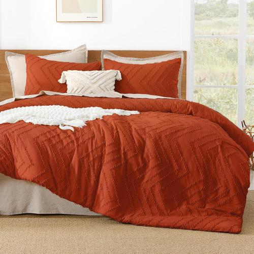 Burnt Orange Cal King Comforter Lightweight Terracotta Rust Boho Fall Tufted Bedding