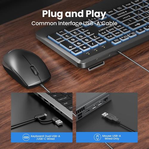 TECKNET Wired Keyboard and Mouse Combo, 7 Color Backlit Large Print Ergonomic Keyboard with Wrist Rest, Soft Typing, USB Plug & Play, Silent Keyboard Mouse Set for PC, Mac, Laptop, Blue