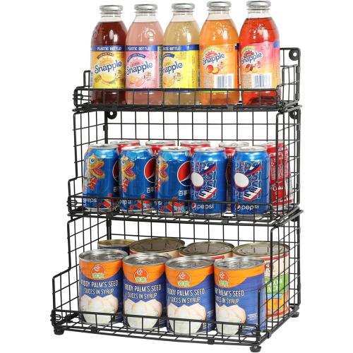 X-cosrack Stackable Wire Basket 3 Tier Countertop& Wall Mounted Metal Storage Basket for Kitchen Pantry Cabinet, Muti-functional Open Front Bin Organizer for Food Fruit Snack, Black