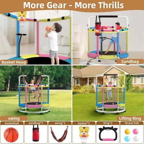 Trampoline for Kids with Enclosure, 440lbs Capacity Indoor & Outdoor Toddler Trampoline with Adjustable Gymnastics Bar & Toys, Gifts for Boys & Girls