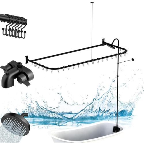 Clawfoot Tub Shower Kit,Add On Shower With Bathcock Diverter Faucet and 60 D Type Claw foot Tub Shower Curtain Rod Kit,D-Style Shower Rod and Clawfoot Tub Shower Faucet Set,Matte Black