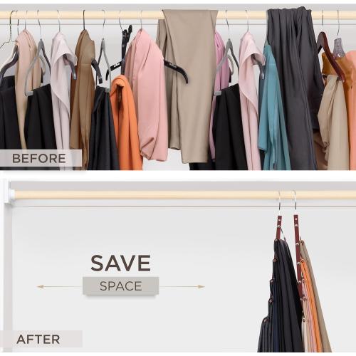 Pack of 2 Color Brown MORALVE Pants Hangers Space Saving - 2 Pack European Beechwood Scarf and Jean Hangers - Closet Organizer and Space Saver Pant Rack, Leggings Hanger, and Scarf Holder with 360° Swivel Hook