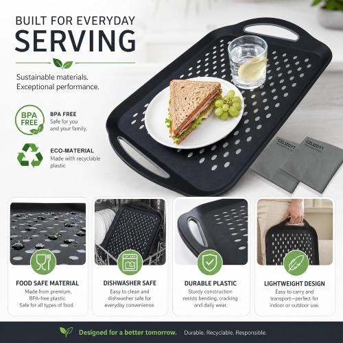 Large Nonslip Serving Tray with Handles, Silicone Grippy Dots Lap Food Trays for Eating, Dishwasher Safe Serve for Breakfast Dinner Snack Fruit Appetizers Beverage, Rectangular, Set of 2, Black