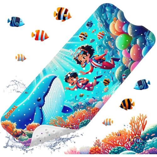 XIYUNTE Baby Bath Mat for Tub Non Slip Kids Bath Mat - 40''x16'' Extra Long Cartoon Coral Baby Bath Tub Mat Eco-Friendly Toddler Bath Mats with Suction Cups & Drain Holes Easy to Clean & Easy Drying