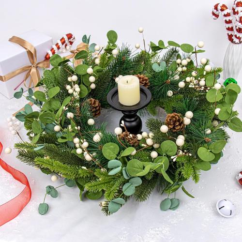 20 Inches Vintage Christmas Wreath Classic Winter Wreaths for Front Door Rustic Holiday Winter Wreath with White Berry Pine Cones for Doors Windows Indoors Outside Hanging Decoration