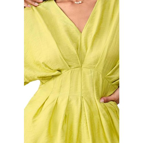 Women's Lightweight Crinkled V-Neck Peplum Waist Blouse-Batwing Short Sleeves Shirt-Casual Flowy Top (25H109 Yellow M)