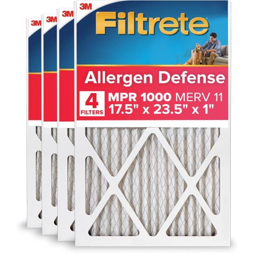 Filtrete 17.5x23.5x1 AC Furnace Air Filter, MERV 11, MPR 1000, Micro Allergen Defense, 3-Month Pleated 1-Inch Electrostatic Air Cleaning Filter, 4 Pack (Actual Size 17.19x23.19x0.81 in)