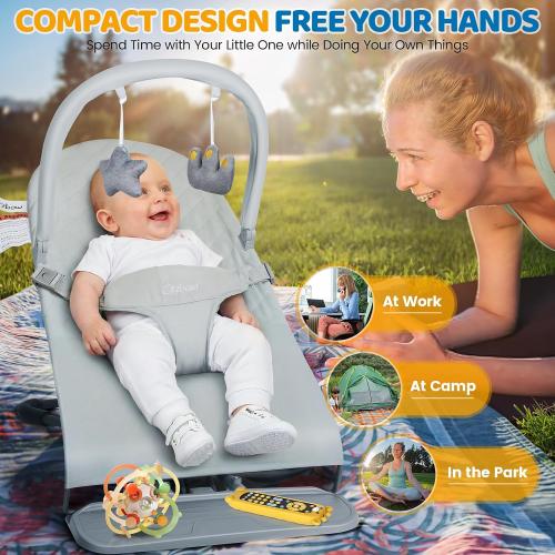 Orzbow Baby Bouncer Seat, Portable Infant Chair, 0-18 Months, Up to 20 Ibs | Foldable & Lightweight, Ergonomic 3-Positions Recline for Baby's Comfort, Removable Play Bar, Washable Cover, ASTM Certified