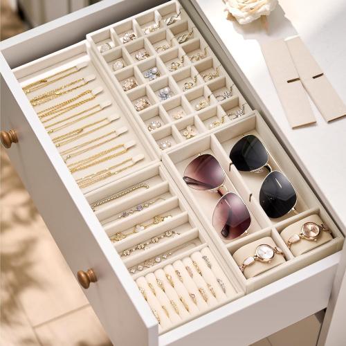 Velvet Jewelry Drawer Organizer Trays – 4-Layer Stackable Jewelry Storage Inserts Set, Beige Jewelry Tray Set for Earrings, Rings, Necklaces, Bracelets with Removable Dividers for Dresser & Vanity