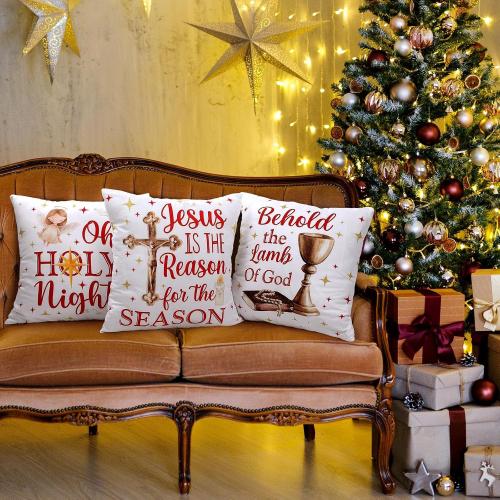 6 Pcs Christmas Pillow Covers 18x18 Inch Religious Nativity Scene Throw Pillowcase Jesus is The Reason for The Season Cushion Case Red Black Buffalo Plaid Christmas Decor for Couch Sofa Decor