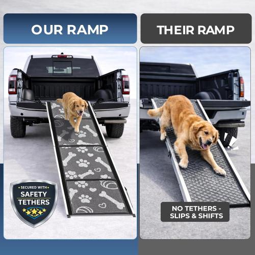 Dog Ramp for Car, SUV & Truck, 71 Long x 20 Wide, Extra Side-Strap Stability System, Non-Slip Quad-Fold Pet Ramp for Large Dogs, 250 lb Capacity (Paw Print Design)
