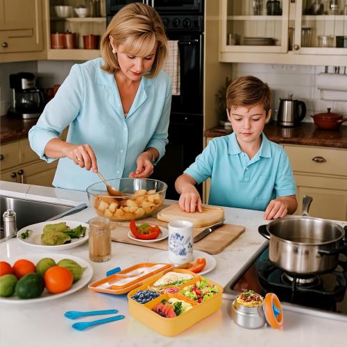 Kids Bento Lunch Box with Thermo: 8oz Insulated with Leak Proof Vacuum - 4 Compartment Hot Food Jar Insulated Lunch Bag - Two Temperature Zones - for Toddler Girls Boys School Trvael (Blue)