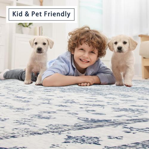 Srugn Washable Rugs 8x10 Area Rugs for Living Room,Rugs for Bedroom,Large Carpets,Ultra Soft Faux Wool Retro Dining Room Rug,Non Slip&Non-Shedding Low Pile Vintage Print Rug for Home Office-Blue