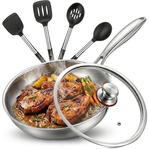 Titanium Frying Pan, Hammered Non-Stick Skillet with Glass Lid & 4 Spatulas, PFAS/PFOA/PTFE-Free, Tri-Ply Stainless Steel, Induction & Oven Safe, Dishwasher Safe Cookware