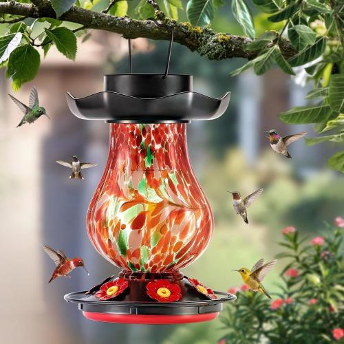 DesGully Solar Hummingbird Feeder for Outdoor - 25 fl.oz Hand Blown Glass Hummingbird Feeders for Outdoors Hanging, Large Capacity with Moat, 6 Colors Changing Light Outside Garden Decor (Red)
