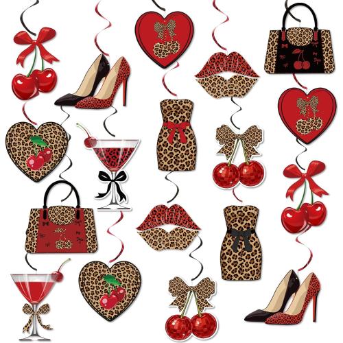 Cheetah Cherry Birthday Party Decorations Leopard Hanging Swirls Decor with Red and Black Cheetah Cherry Print Pattern Card Safari Animal Birthday Party Decorations Sulpplies Bachelorette Decor