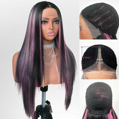 Black and Pink Highlight Wig Lace Front Wigs Pre Plucked with Baby Hair Glueless Wig 26 Inch Long Straight for Women Pink Color Forehead Synthetic 13×4×1 Lace Front Wig