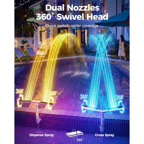 Solar Pool Fountain with Lights, Dual-Head Adjustable Spray & Timer, Remote Control, Auto Dusk Sensor, 10-Color LED Modes & 15°F Cooling Spray for Above & Inground Pools