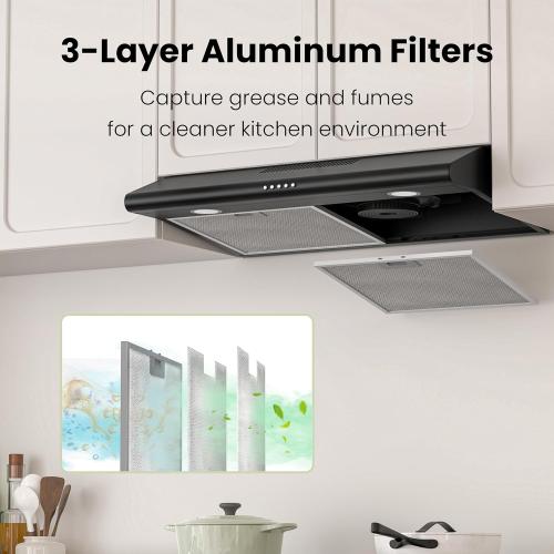 FIREGAS Size  30 Inch Black Under Cabinet Range Hood, Ducted/Ductless Convertible Kitchen Vent Hood with LED Light, 3-Speed Exhaust Fan, Push Button Control, Slim Stove Hood for Modern Kitchen