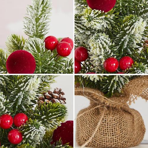 Burlap Small Christmas Tree Decor with Lights - Mini Tabletop Artificial Tree Centerpiece for Indoor Home Office Desk Holiday Decorations(Red Ornament)