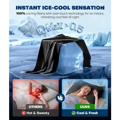 Ultra-Chill Cooling Pillowcase Set of 2 for Hot Sleepers, Softer Than Silk Pillow Cases for Protecting Hair & Skin, Breathable Bed Pillow Covers w/Zipper, Gifts for Women Men (Black, Queen)