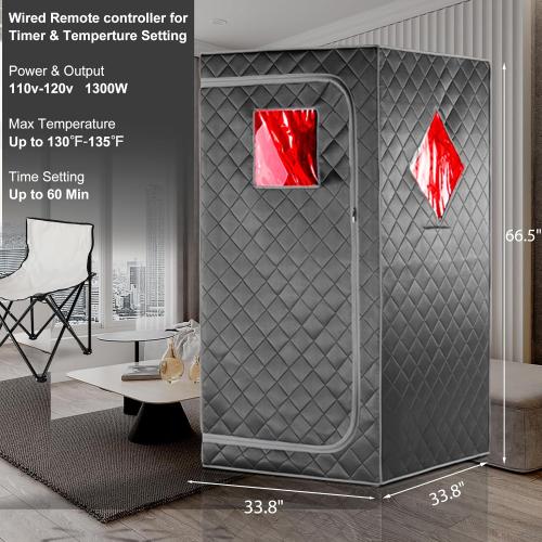 Full Size Portable Personal Infrared Sauna for Home, Personal Home Spa Tent with Remote Control, Heating Foot Pad, Foldable Reinforced Chair （Grey, L33.8 x W 33.8 x H 66.5