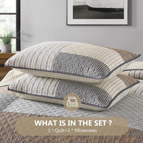 Quilts Queen Size - Queen Quilt Bedspread, 100% Cotton Patchwork Quilt Bedding Set for Queen Bed, 3 Pieces Plaid Farmhouse Reversible Rustic Lightweight Comforter Spread, Brown/Beige/Gray