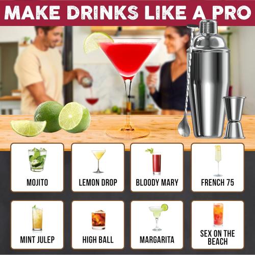 Cresimo 24oz Cocktail Shaker Set with Bar Accessories for Home Bar - Martini Shaker with Jigger and Drink Mixer Spoon - Alcohol Bartender Gift - Bartending Kit Essential for Home