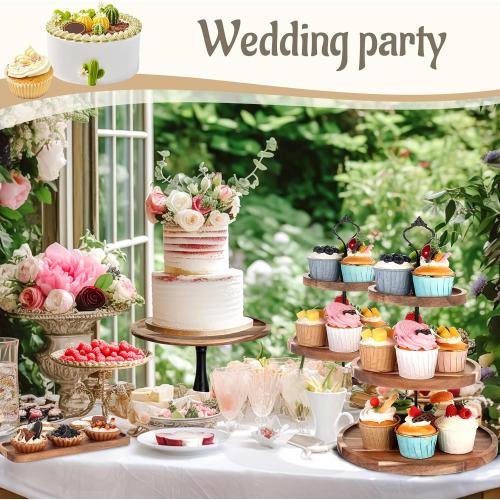 Havawish 7 Pcs Wood Dessert Table Display Set, 3 Tier Wooden Cupcake Stand Round Cake Stand Rectangular Serving Tray Platter for Display Tea Party Wedding Farmhouse(Natural Color)