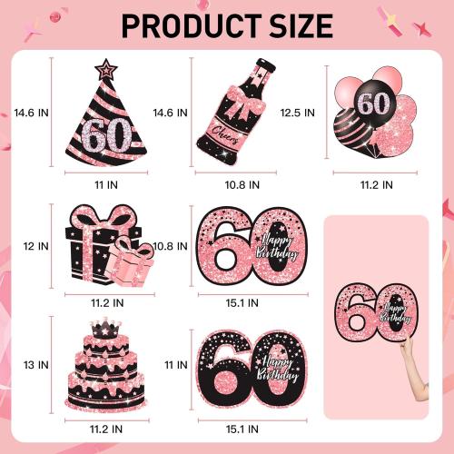60th Birthday Decorations for Women - 7 Pcs Black & Pink 60th Birthday Yard Signs, 2 Pcs LED Lights, Sparkling at Night, Weatherproof, Perfect Happy Birthday Lawn Decorations for Women