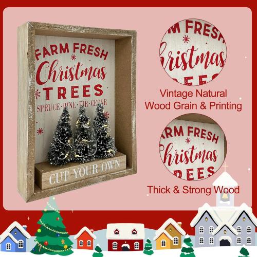 Christmas Decorations for Home Farmhouse LED Lighted Farm Fresh Christmas Tree Decor with Timer Wooden Table Winter Sign Winter Vintage Holiday Block Vintage Holiday Block Xmas Party Decor