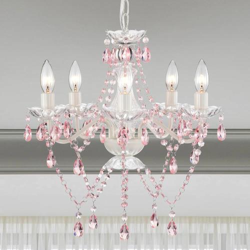 Small Pink and White Girls Bedroom Light – 5-Light Modern Acrylic Crystal Ceiling Fixture, Mini Chandelier for Kids Room, Dining Room, Living Room, Foyer