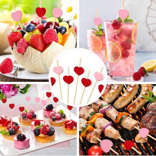 120 PCS Red Love Heart Shaped Cocktail Picks, Toothpicks for Appetizers | 4.7Inch Bamboo Fancy Tooth Picks Cocktail Skewers Sticks Selected for Appetizers, Weddings, Valentines Day