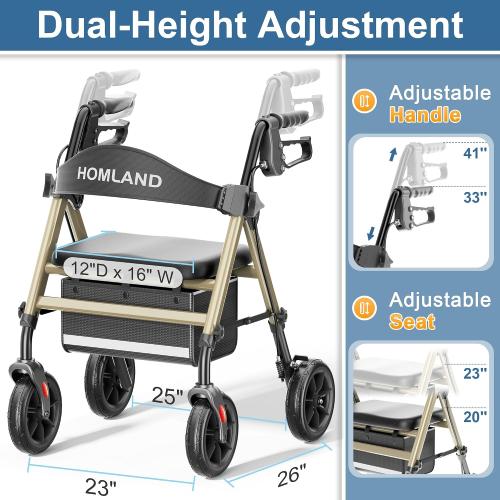 HOMLAND Foldable Walker for Seniors with Seat, 17lb Lightweight, Ergonomic | 350lb Capacity, 8 All-Terrain Wheels, Adjustable Height, Easy to Assemble, Lightweight Aluminum Frame, Champagne