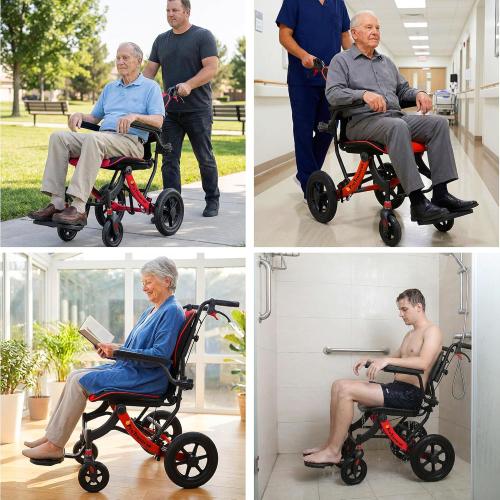 Wheelchairs for Adults,Transport Wheelchair Lightweight Foldable with Removable Cushion,Ergonomic Transfer Chair with 12-inch Rear Wheels for All Terrains,Travel Wheelchair,Red