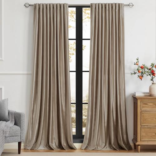 PRIMROSE Blackout Taupe Velvet Curtains 108 inch Long for Living Room,Set of 2 Panels Liner Rod Pocket Back Tab Thermal Window Curtains Drapes Room Darkening Heavy Decorative Curtains for Bedroom