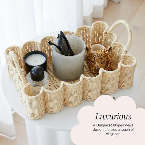 BEBE BASK Premium Wavy Scalloped Rattan Tray - Small Hand-Woven Scallop Wicker Tray - 19 x 9 x 6.5 in - Scalloped Basket - Scallop Basket