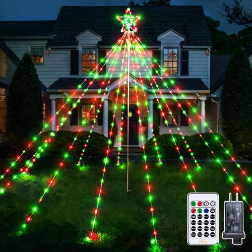 Ollny Christmas Lights Tree Red&Green 340LED with Topper Star, IP67 Waterproof Remote Control Waterfall Lights with Pole, 16 Lighting Modes Timer Dimmable Light Decorations Outdoor Yard Garden Lawn