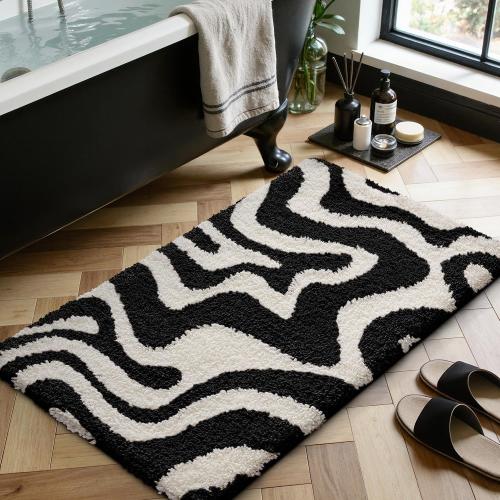LUMI Non Slip Bathroom Rug Modern Aesthetic, Ultra Soft Absorbent Washable Bath Mats, Quick Dry Premium Floor Rugs for Shower, Tub, Black and White, 24x43