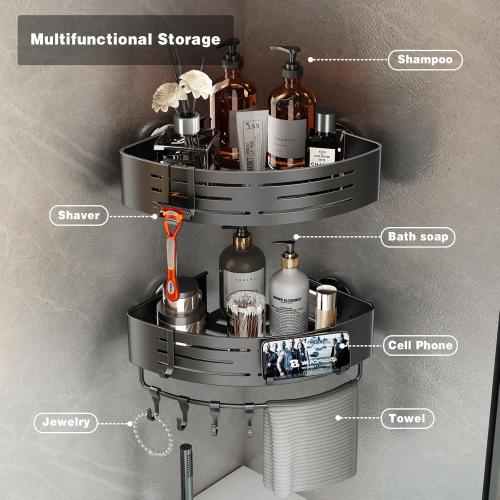 Voldra Corner Shower Caddy Suction Cup, 2 Pack Corner Shower Shelves No Drilling, Aluminum Upgrade Suction Cup Shower Organizer with Towel Bar & Hooks Removable Bathroom Storage Rack(Gray)