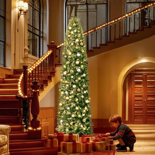 HOLLO STAR 9 ft Prelit Christmas Tree with 546 LED Lights, App Control, Artificial Pencil Christmas Tree with Multi-Color RGBW Lights, 1290 Branch Tips, Skinny Xmas Tree, Metal Base, for Home, Party