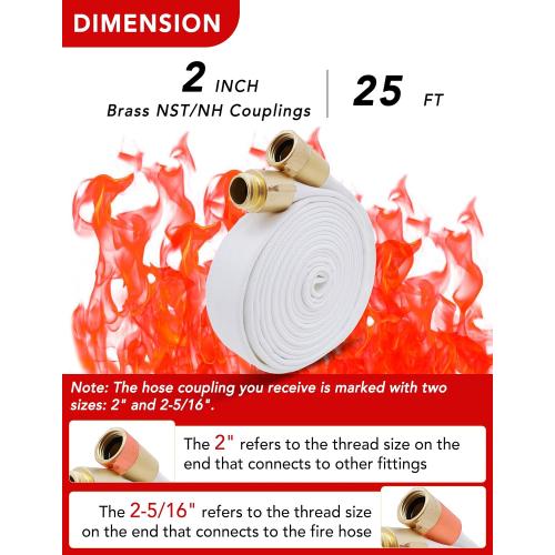 ZYfire Fire Hose 2 ID x 25 FT, NST/NH Couplings, Double Jacket TPU Lined