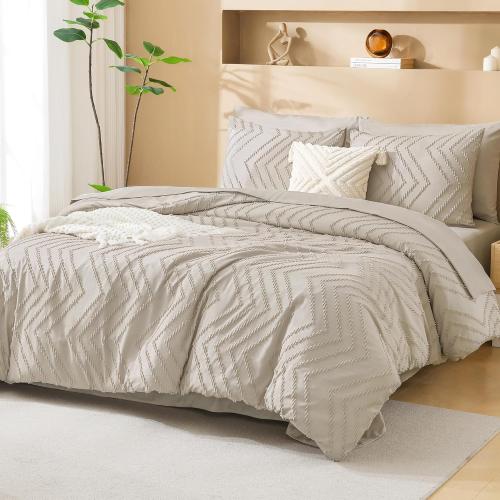 Litanika Queen Comforter Set with Sheets Beige - 7 Pieces Bed in a Bag Queen Chevron Tufted Complete Bedding Sets with Comforter, Sheets, Pillowcases & Shams