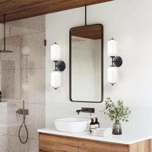 Vintage Milk Glass Bathroom Vanity Light - 2-Light Wall Sconce with Brass Finish Base & Green Glass Shade - Wall Sconce Lighting for Mirror, Kitchen, Living Room, Gallery (Bulbs Included) (white)