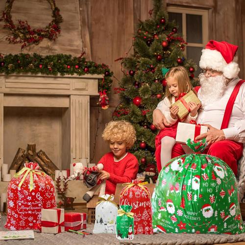 Pseutio 42 PCS Christmas Drawstring Gift Bags Assorted Sizes Drawstring Christmas Bags for Gifts with Rope for Xmas Holiday Presents Party Favor